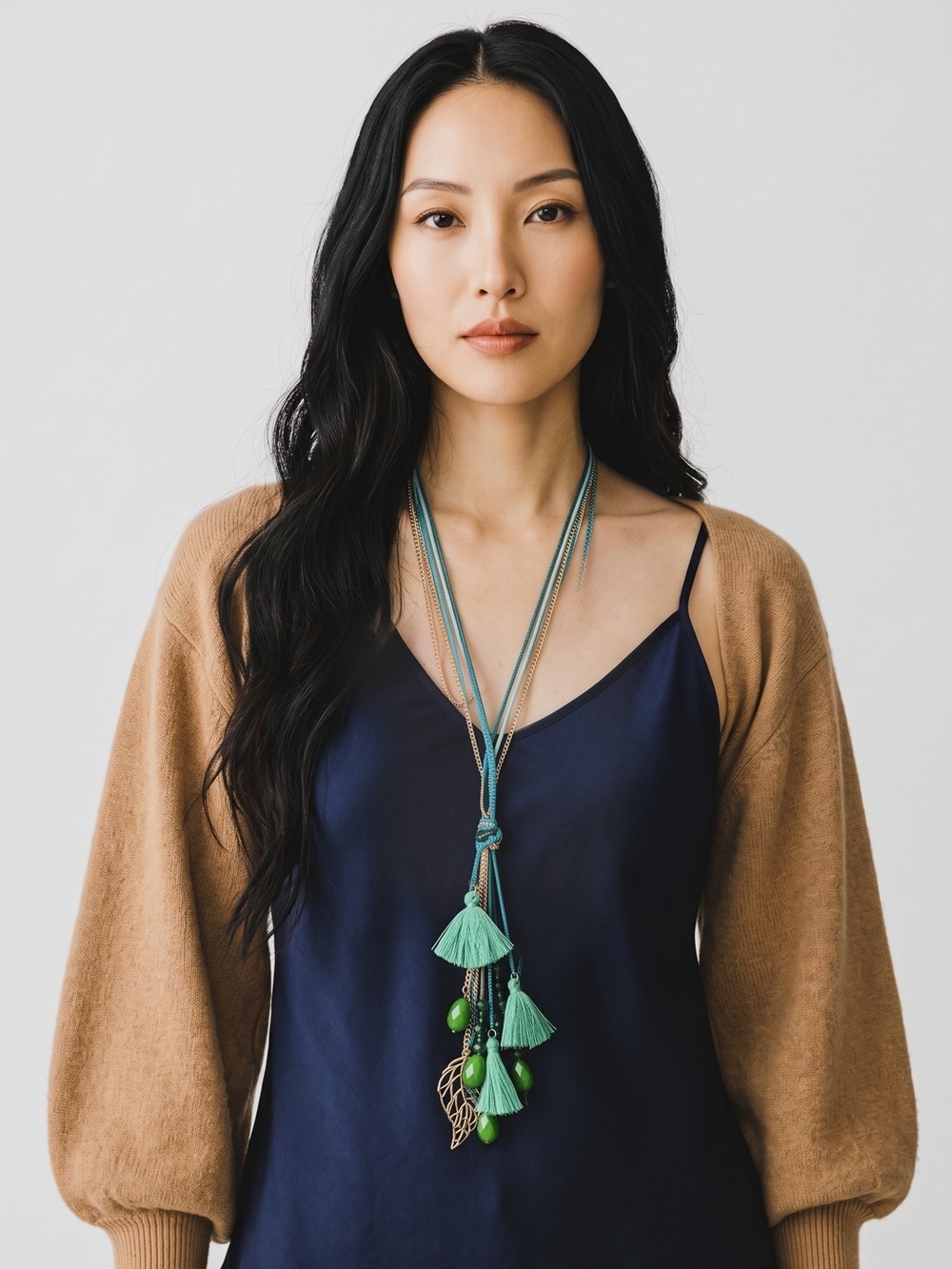 Boho Teal Tassel Lariat Necklace